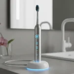 Sleek 2026 electric toothbrush with advanced features on a charging dock in a modern bathroom setting.
