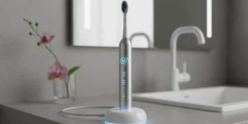 Sleek 2026 electric toothbrush with advanced features on a charging dock in a modern bathroom setting.