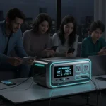 Futuristic 2026 portable power station powering essential devices during a simulated home power outage.