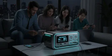 Futuristic 2026 portable power station powering essential devices during a simulated home power outage.