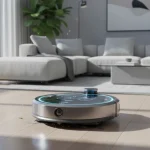 Futuristic 2026 robot vacuum cleaning a modern living room floor
