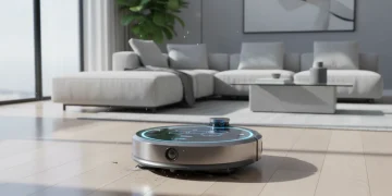 Futuristic 2026 robot vacuum cleaning a modern living room floor