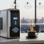 Futuristic 2026 Smart Coffee Maker brewing coffee rapidly, sleek design