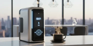 Futuristic 2026 Smart Coffee Maker brewing coffee rapidly, sleek design