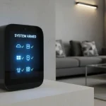 Modern smart home security system hub with digital display and integrated devices