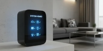Modern smart home security system hub with digital display and integrated devices