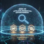 Futuristic digital landscape with three glowing ethical affiliate program icons.