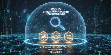 Futuristic digital landscape with three glowing ethical affiliate program icons.