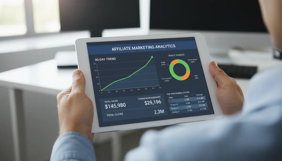 Real-time affiliate marketing dashboard showing 90-day performance metrics.