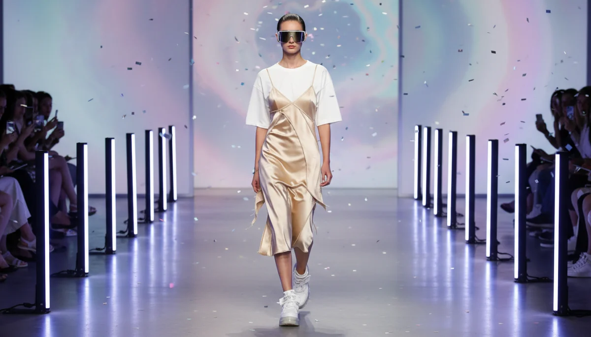 Model wearing modern 90s slip dress and Y2K platform sneakers on a 2026 runway.