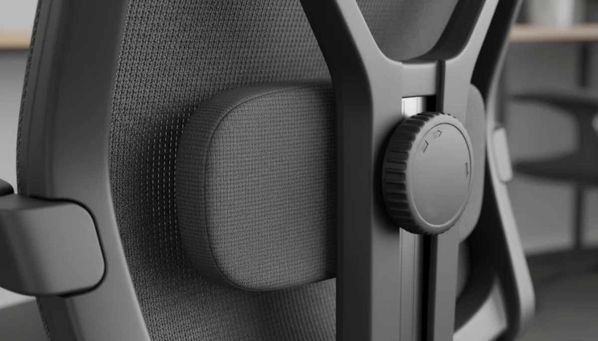 Detailed view of adjustable lumbar support on an ergonomic office chair