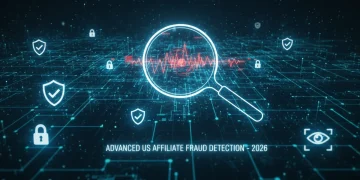 Advanced digital network illustrating affiliate fraud detection and security protocols for US programs.