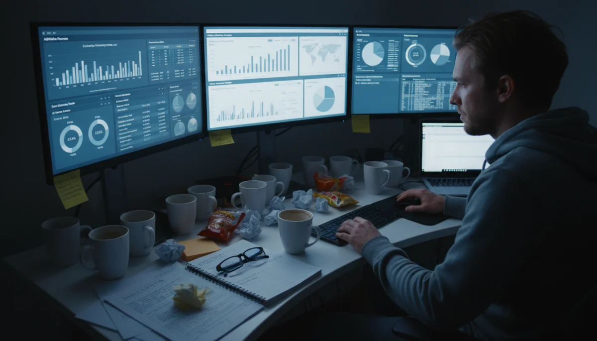 Affiliate marketer analyzing conversion data on multiple screens.