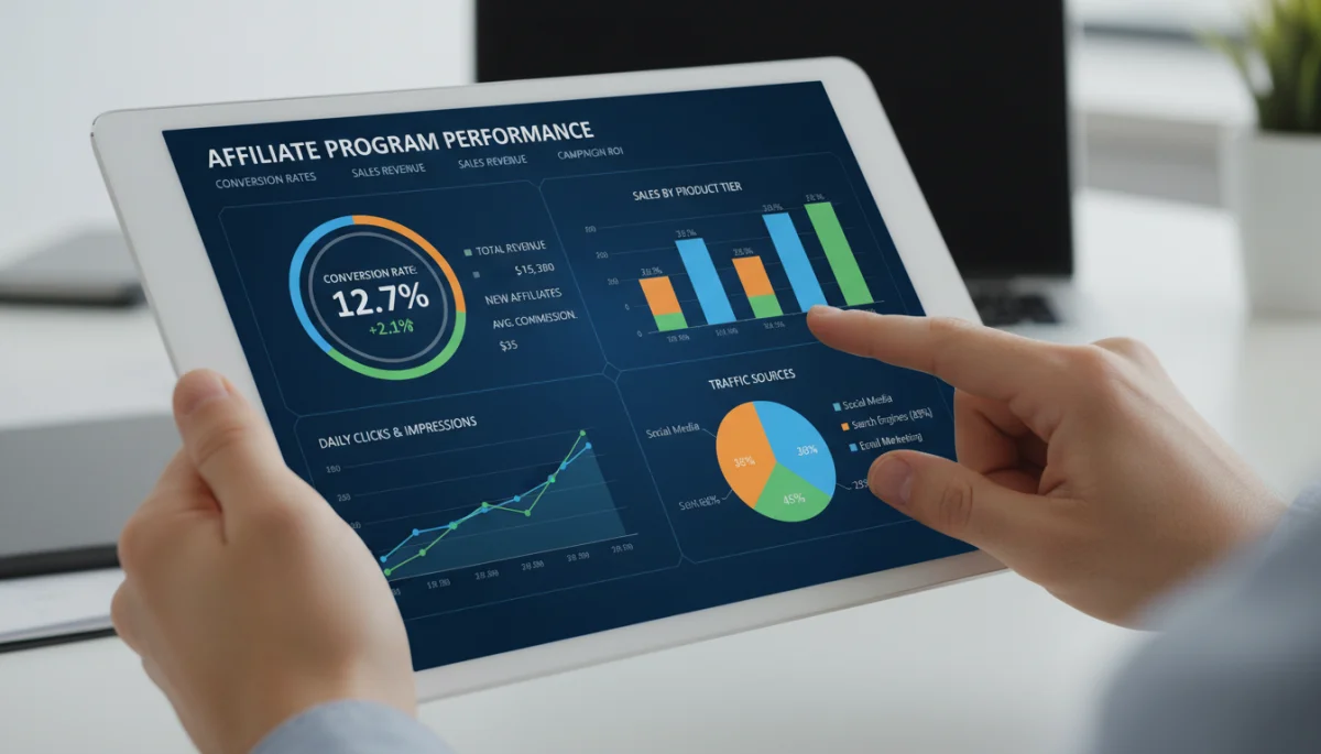 Detailed analytics dashboard on a tablet showing affiliate performance metrics