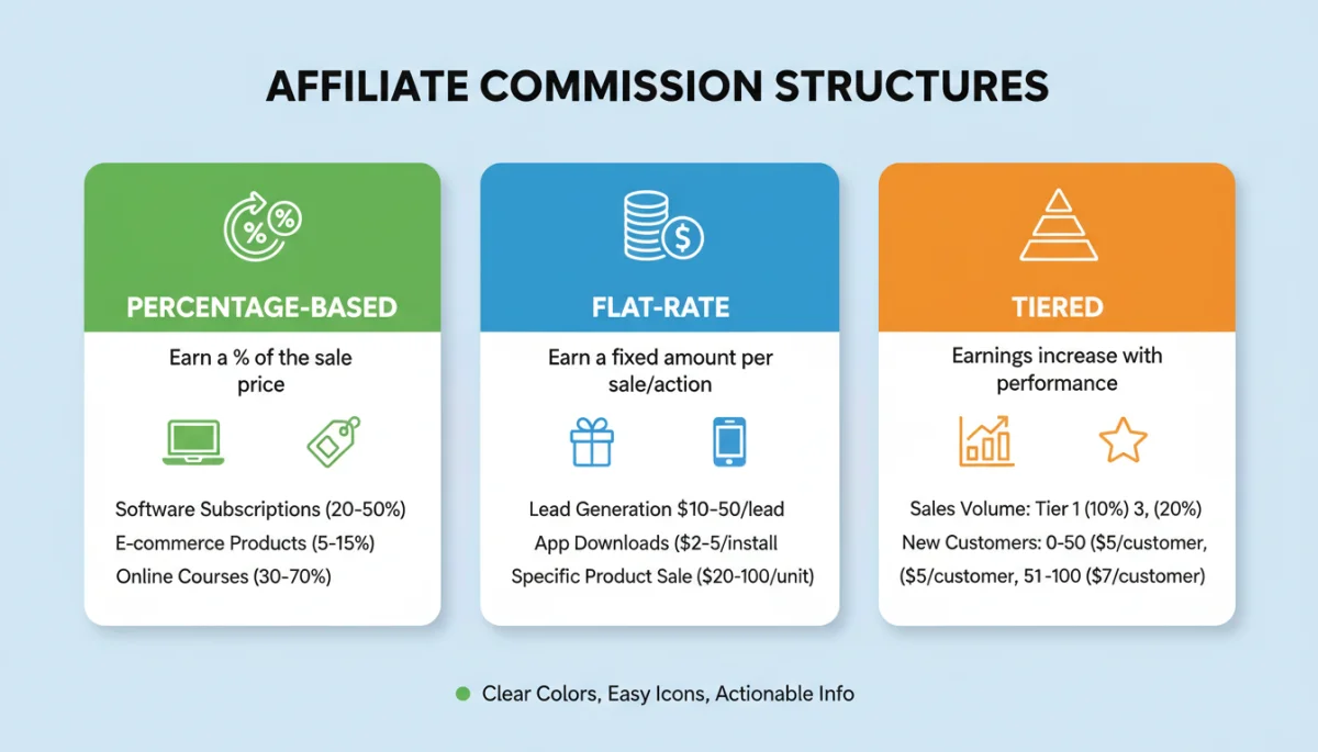 Infographic explaining various affiliate commission structures and payout models.