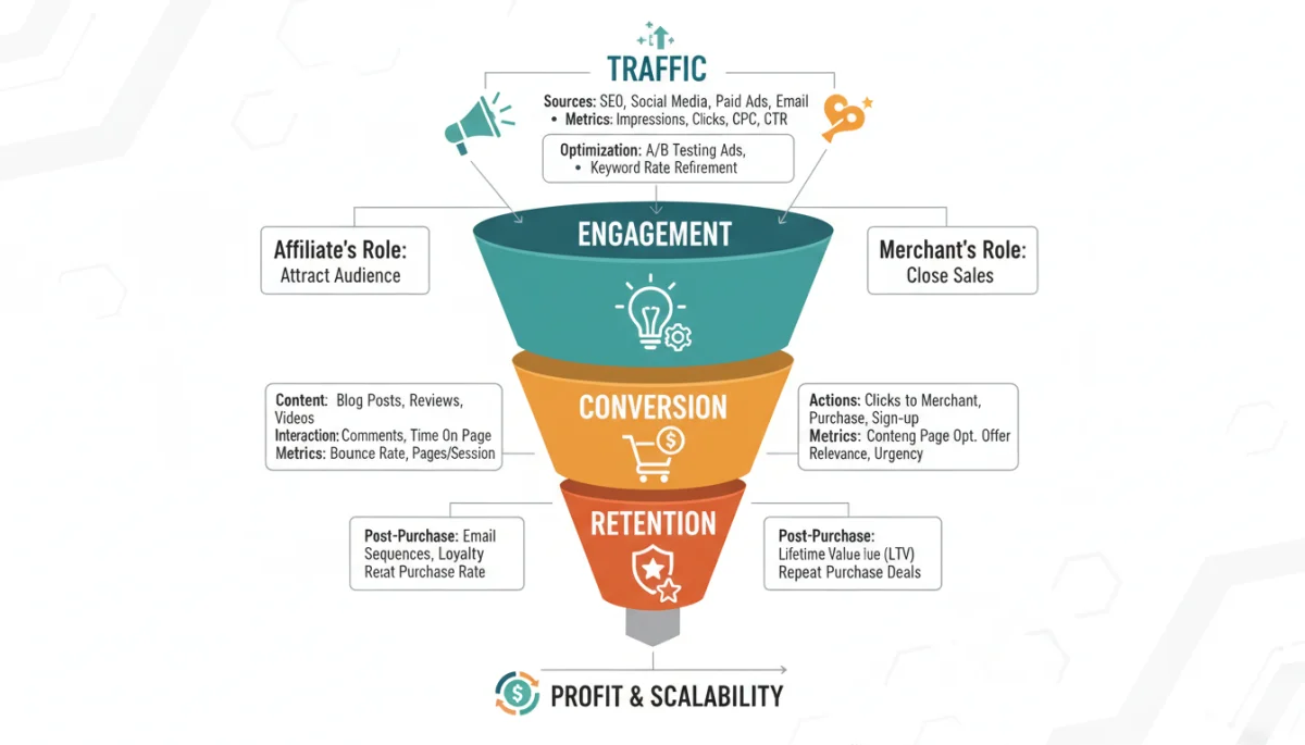 Affiliate marketing conversion funnel with optimization points