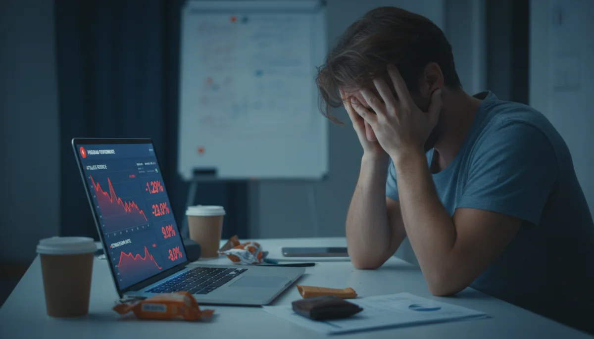 Frustrated affiliate marketer analyzing downward trend analytics on a laptop.