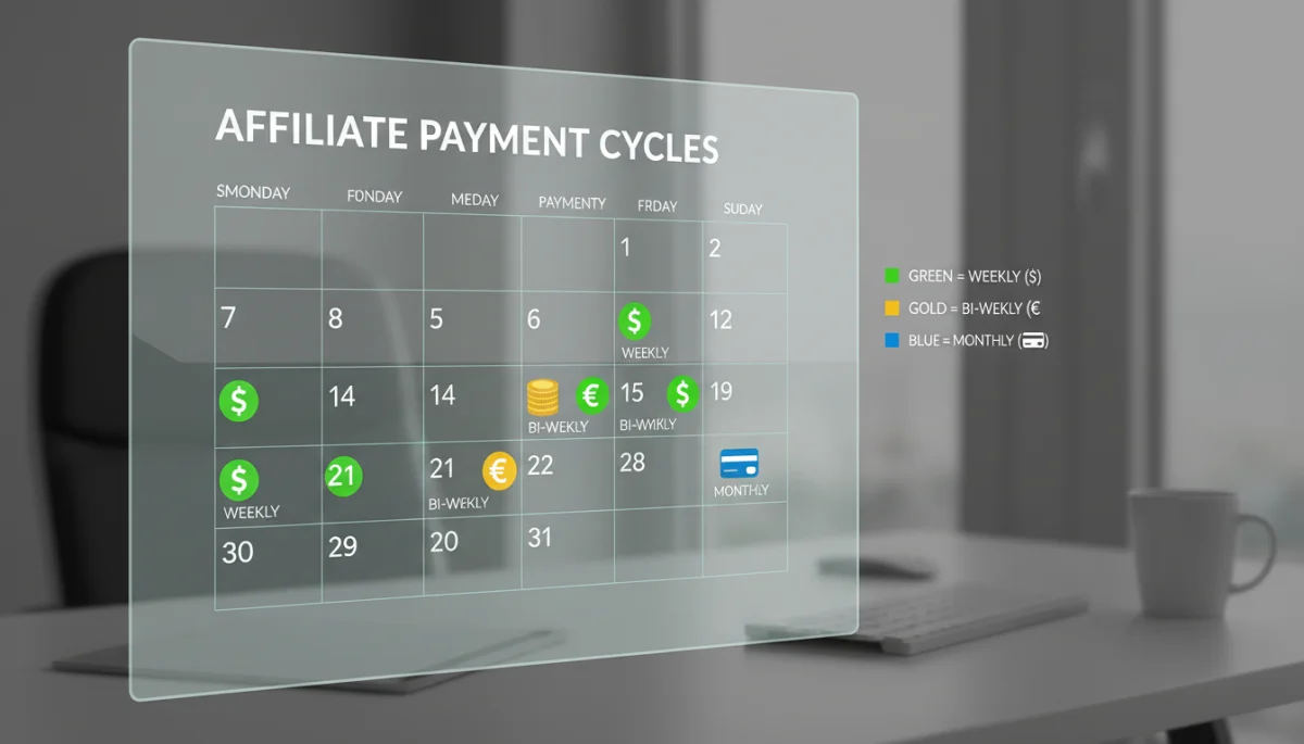 Digital calendar illustrating diverse affiliate payment cycles and frequencies.