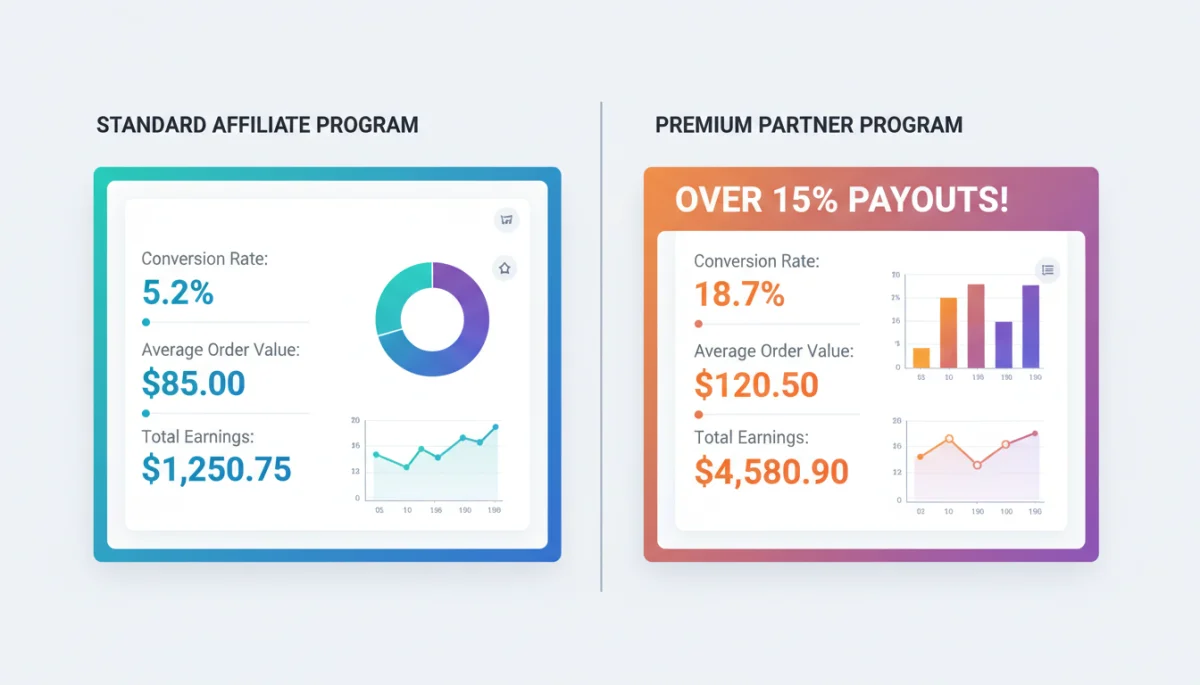 Comparison of two affiliate program dashboards with key performance indicators.