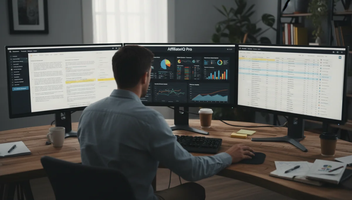 Person analyzing multiple screens for affiliate program research.