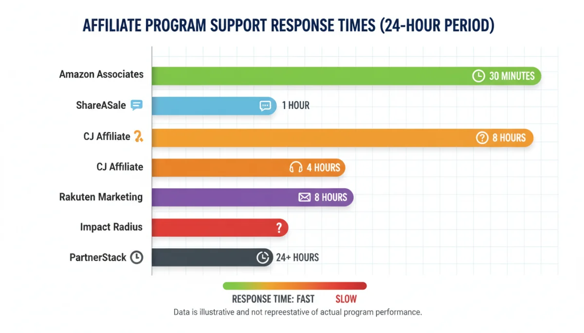 Infographic comparing affiliate program support response times.