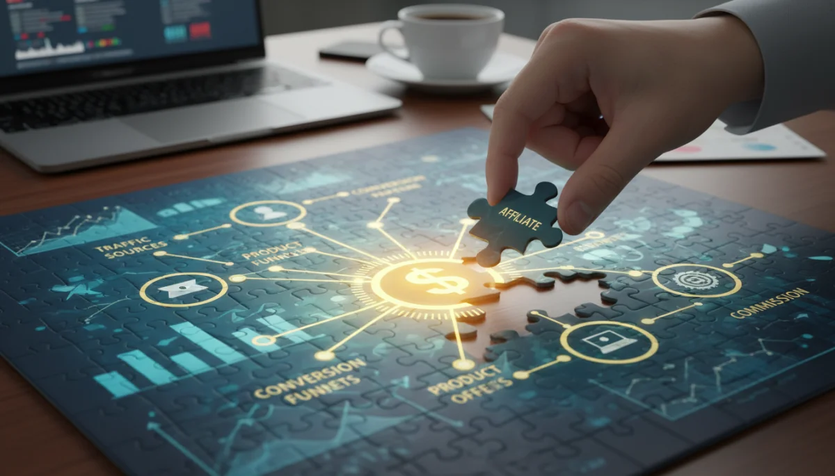 Hand placing a puzzle piece to complete a profitable affiliate strategy.