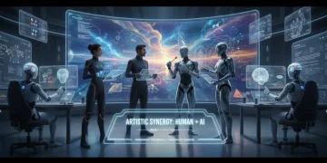 Futuristic studio with human and AI artists collaborating on digital art, highlighting AI ethics in creative industries.