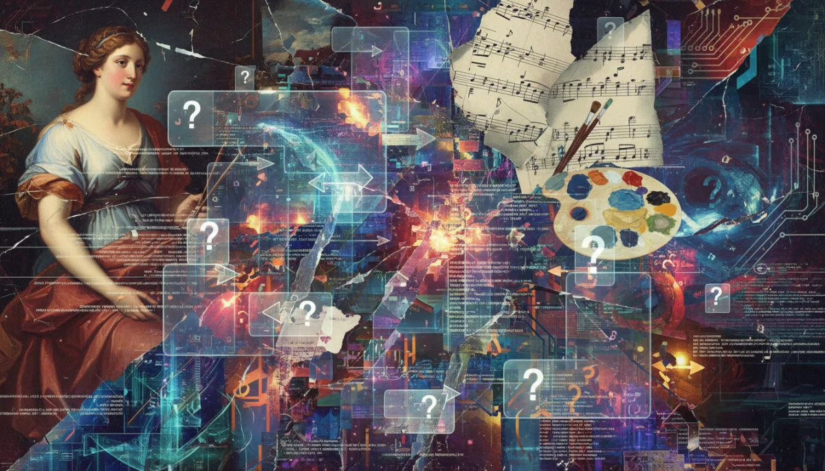 Fragmented intellectual property rights in the age of AI, showing mixed traditional and digital art elements.