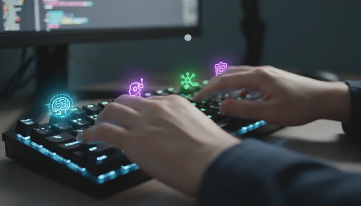 Hands typing on a keyboard with AI icons, symbolizing efficient content creation
