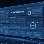 Futuristic digital interface showing AI writing tool analytics and content generation