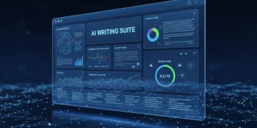 Futuristic digital interface showing AI writing tool analytics and content generation