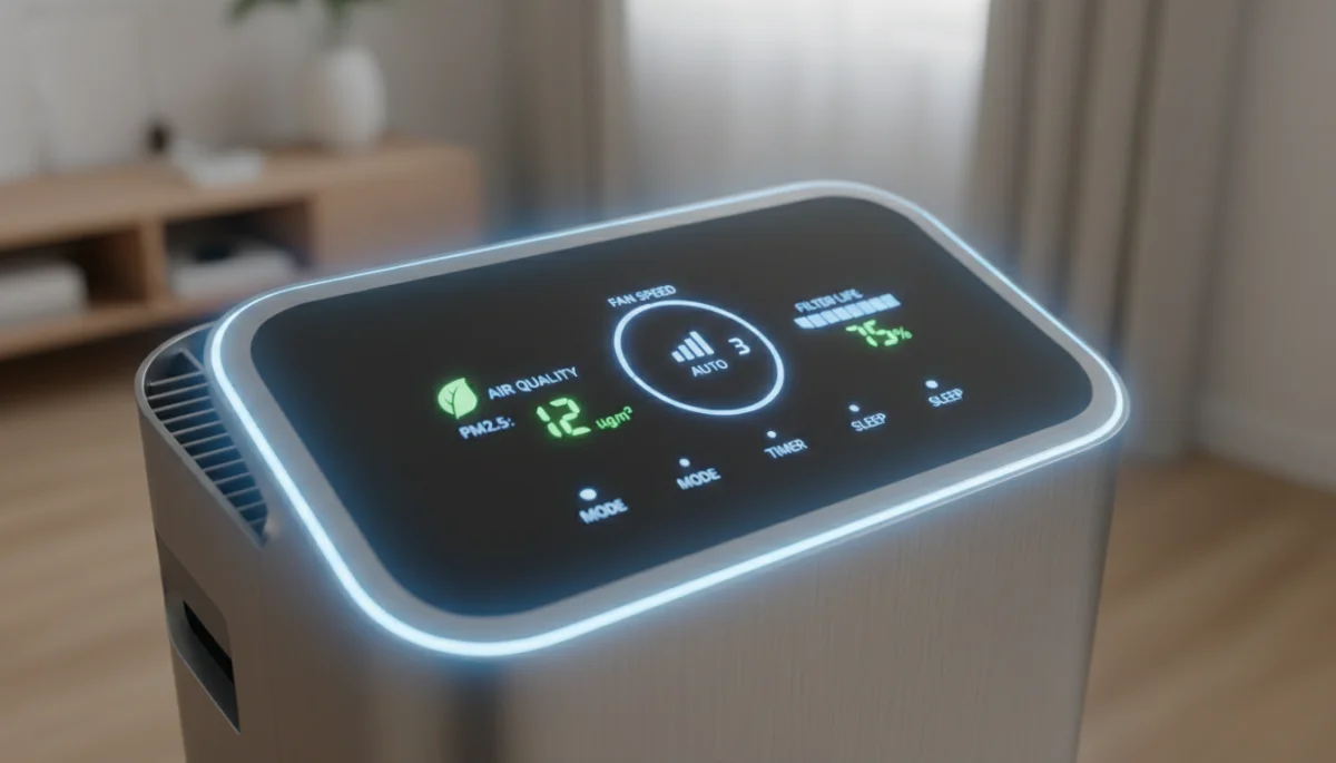 Air purifier control panel showing fan speed and air quality