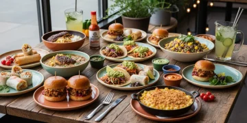 Diverse American cuisine evolution showcasing fusion dishes and fresh ingredients