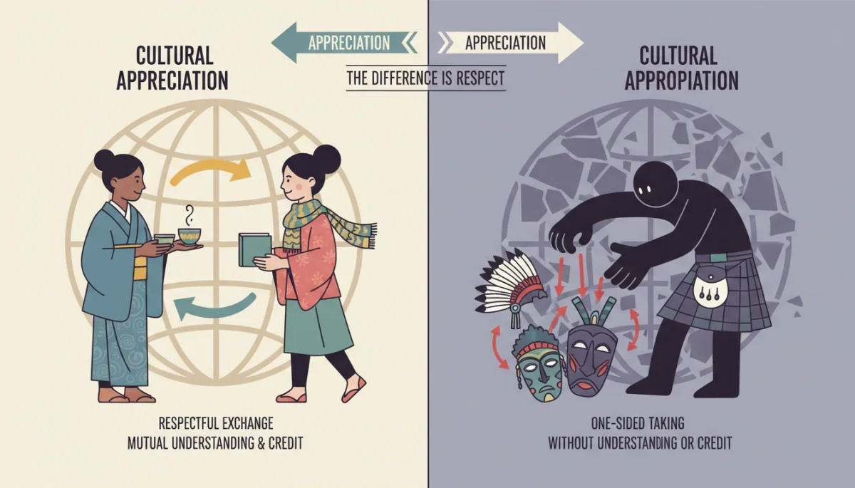 Illustration distinguishing cultural appropriation from appreciation
