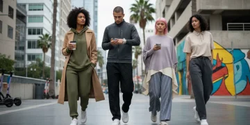 Stylish individuals in modern athleisure outfits in an urban setting, representing 2026 fashion trends.