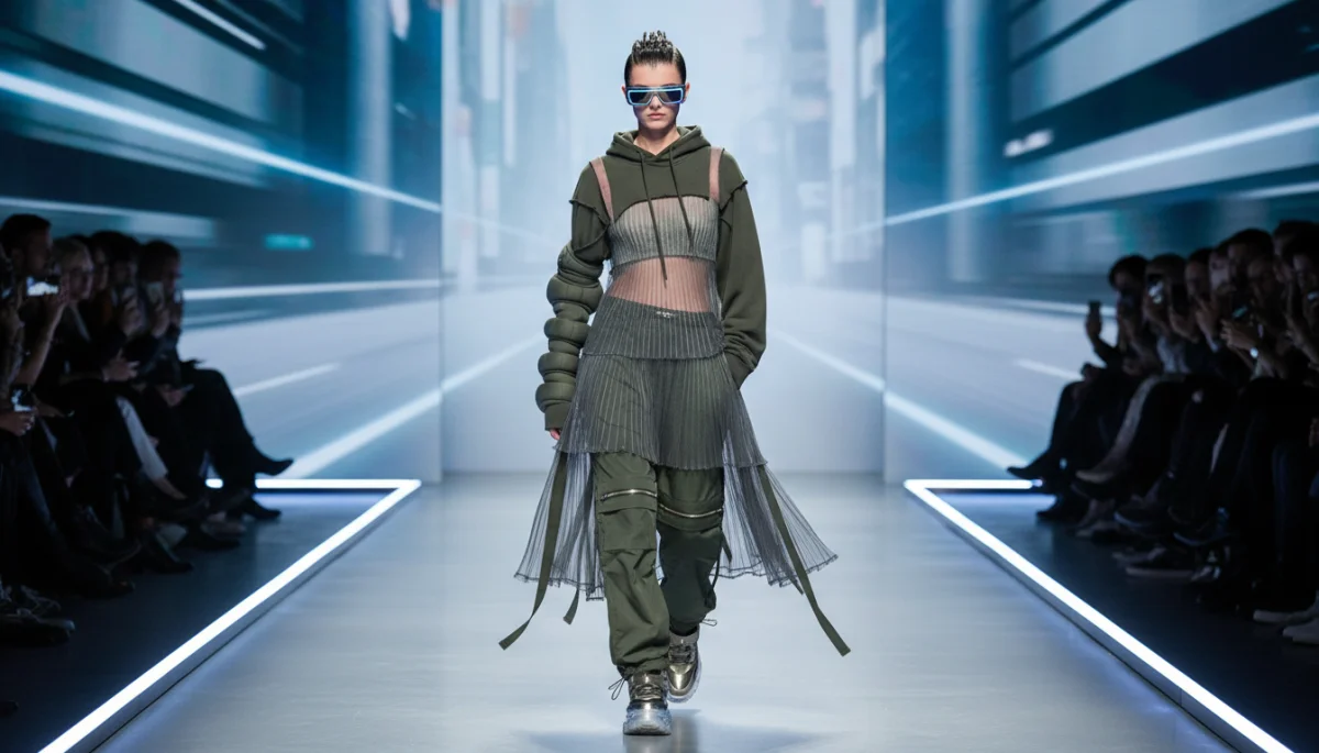 Avant-garde streetwear on runway, blending athletic and high-fashion elements.