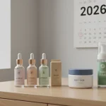 Budget-friendly skincare products on a vanity with a 2026 calendar, symbolizing a long-term affiliate test for visible results.