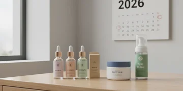 Budget-friendly skincare products on a vanity with a 2026 calendar, symbolizing a long-term affiliate test for visible results.