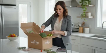 Busy professional unboxing a healthy meal kit in a modern kitchen
