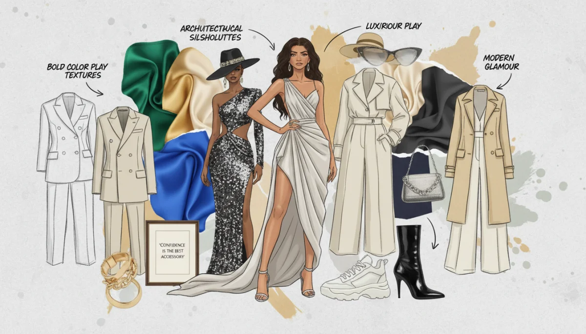 Fashion mood board illustrating a celebrity's signature style, combining silhouettes, colors, and key pieces.