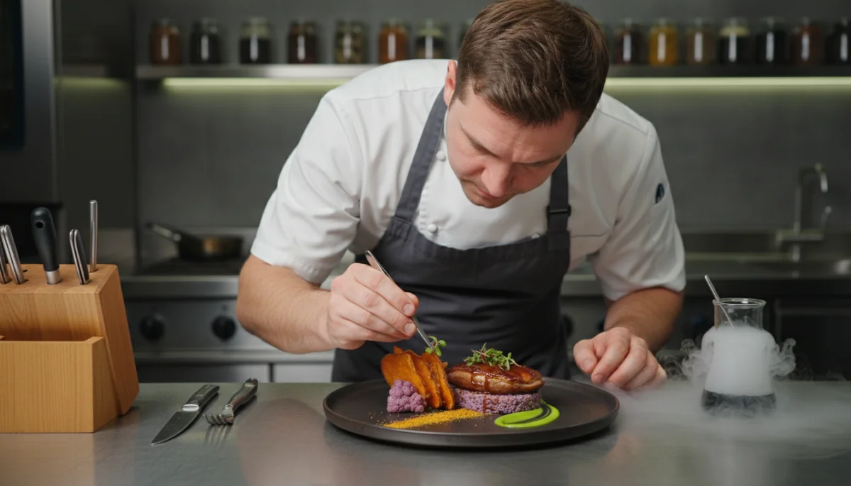 Chef plating fusion dish, blending American and Asian culinary styles