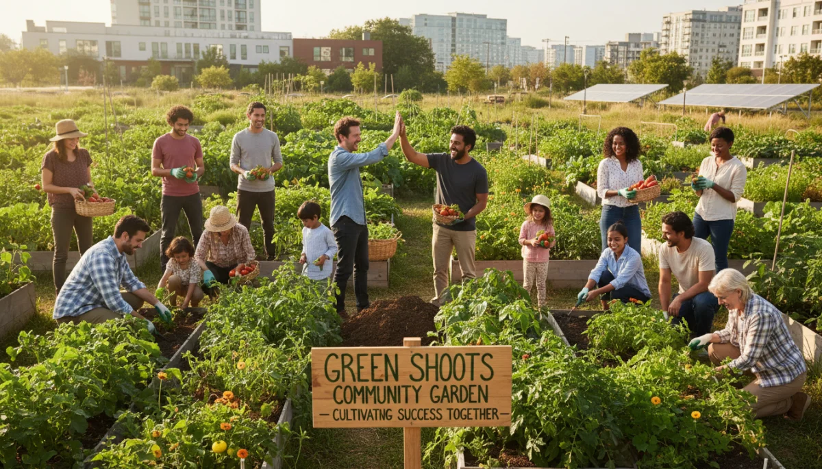 Community members working together in a garden, reflecting shared purpose and sustainable living trends.