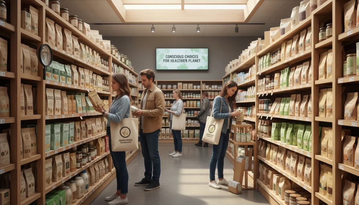 Consumers selecting organic and sustainable products in a modern grocery store
