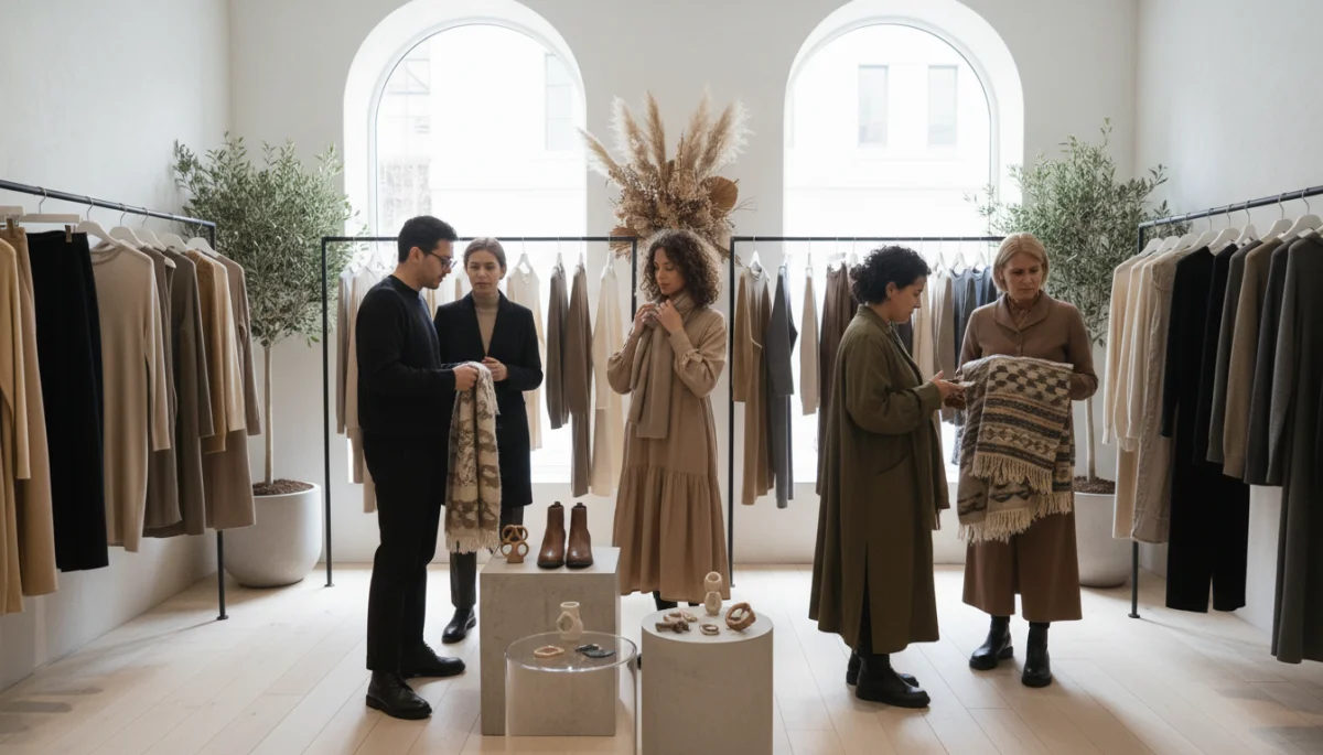 Diverse US consumers in minimalist boutique examining quiet luxury items