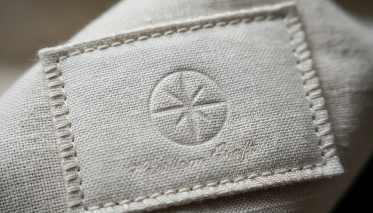 Close-up of high-quality fabric and subtle garment tag detail