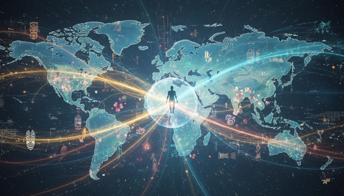 Data flow with cultural motifs, symbolizing digital identity across borders