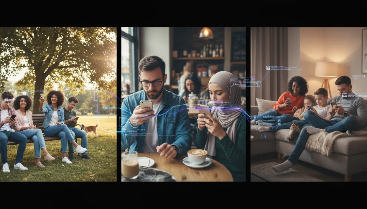 Diverse individuals interacting with smartphones in various social environments, symbolizing digital connectivity.