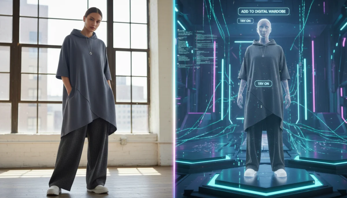 Physical and digital representation of a gender-neutral fashion outfit, illustrating the growing trend of digital fashion and virtual wardrobes.