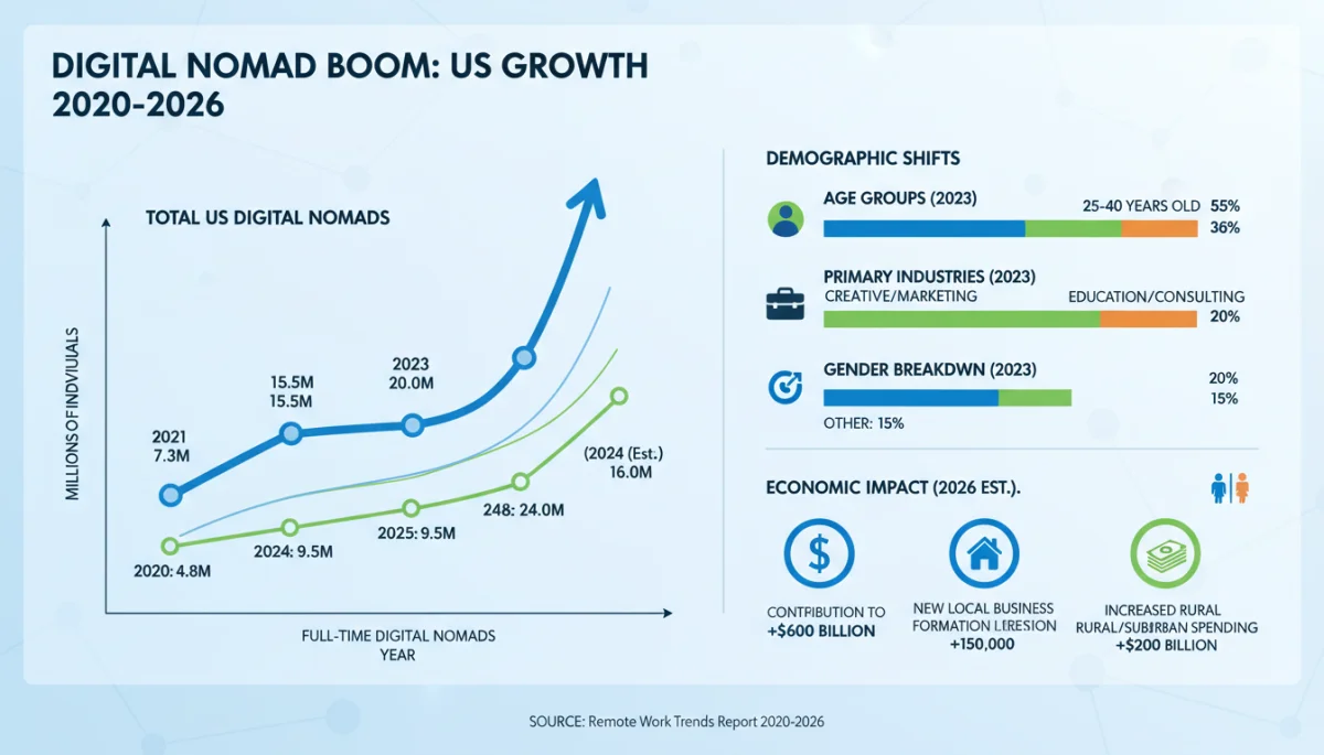 Infographic showing the projected growth of digital nomads in the US from 2020 to 2026.