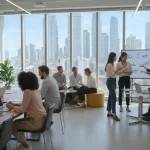 Digital Nomadism Reshaping US Work: 3 Unexpected Trends 2026 Diverse digital nomads collaborating in a modern co-working space overlooking a city skyline, symbolizing evolving American work culture.